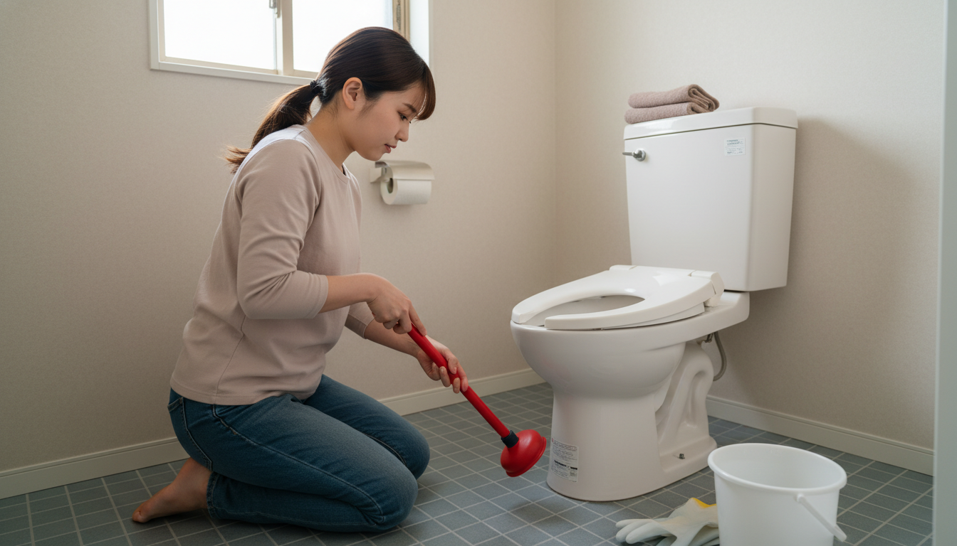 トイレつまりで水道業者を呼ぶ前に試せることと注意点に関する画像