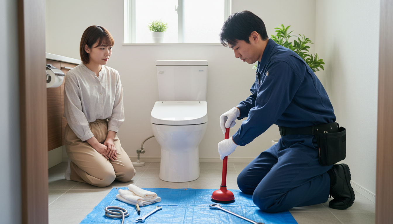 トイレつまりで水道業者を呼ぶ前に試せることと注意点に関する画像