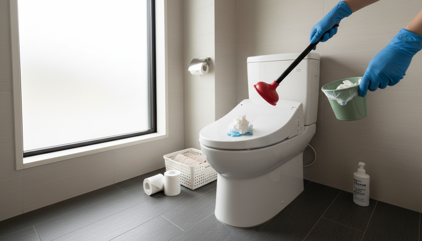 軽度のつまり:トイレットペーパーの流しすぎや異物に関する画像