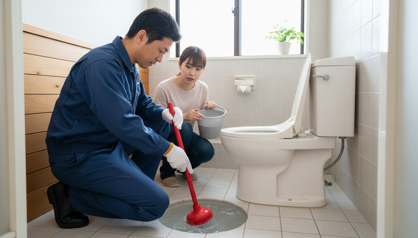 トイレつまりで水道業者を呼ぶ前に試せることと注意点に関する画像