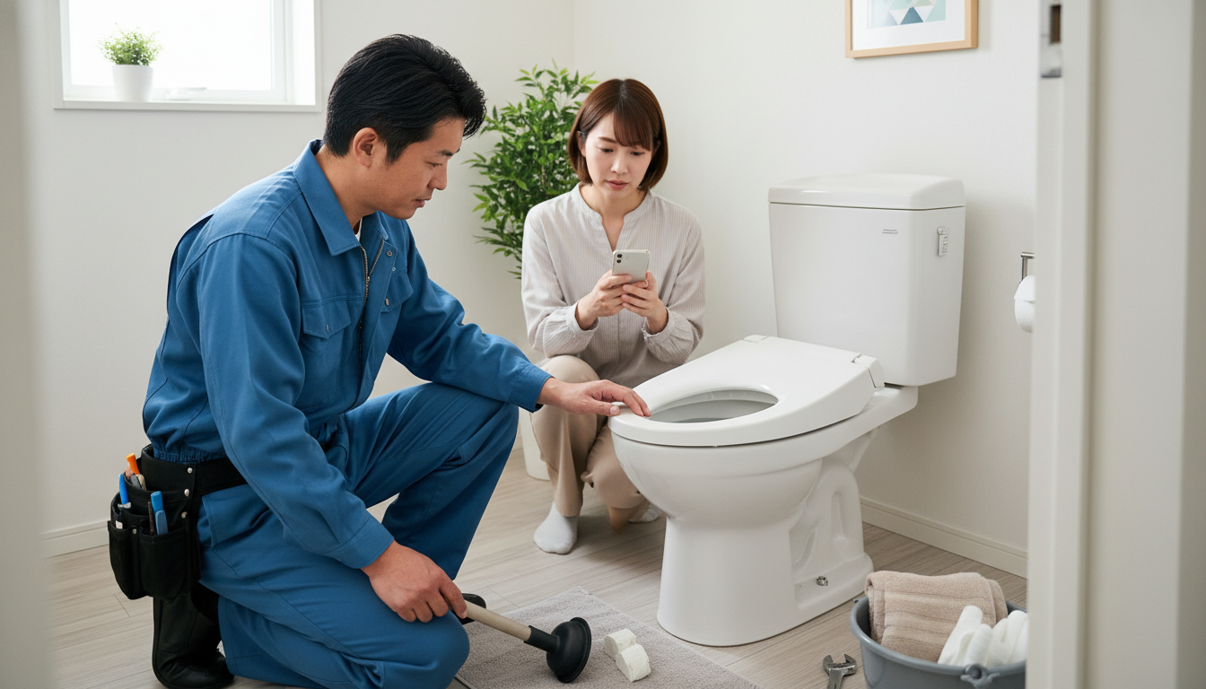 トイレつまりで水道業者を呼ぶ前の注意点と応急処置に関する画像