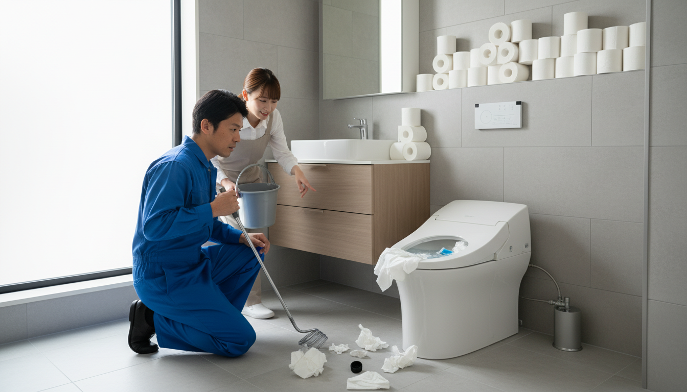 トイレットペーパーの流しすぎや固形物の落下に関する画像