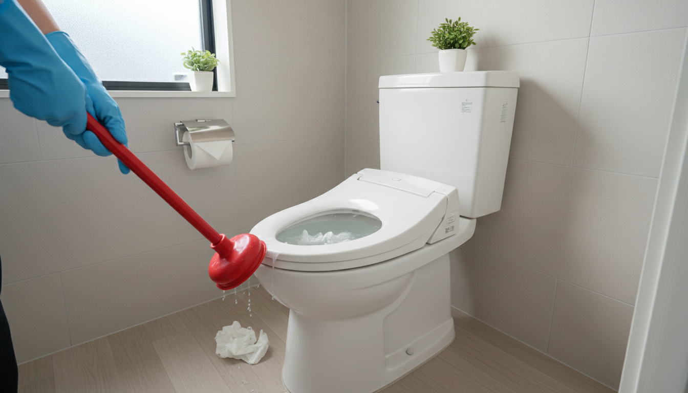 トイレつまりで業者を呼ぶ前に試せることと注意点に関する画像