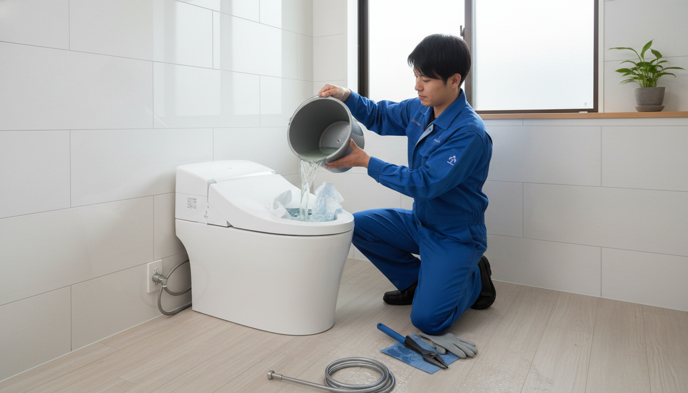 トイレつまりで業者を呼ぶ前に試せることと注意点に関する画像