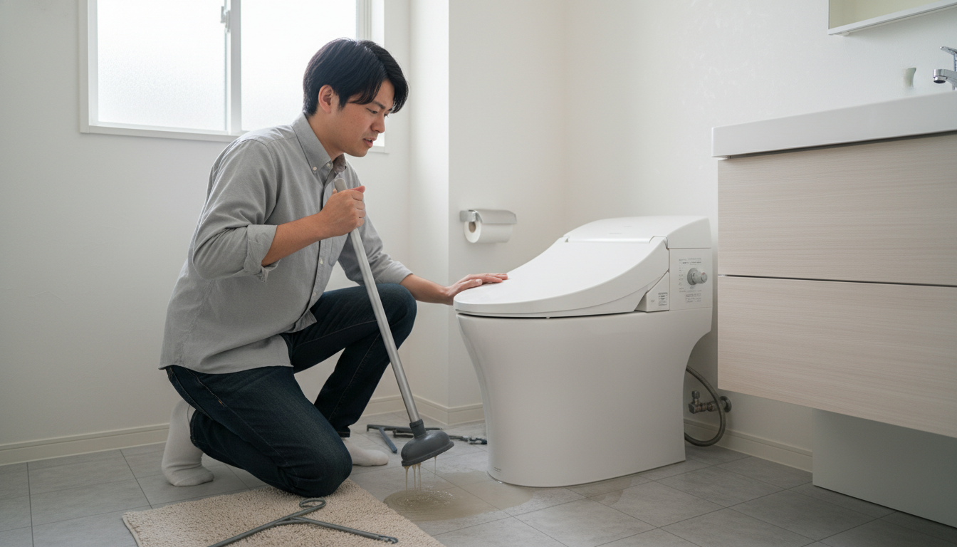 トイレつまりを自分で直そうとするリスクと応急処置に関する画像