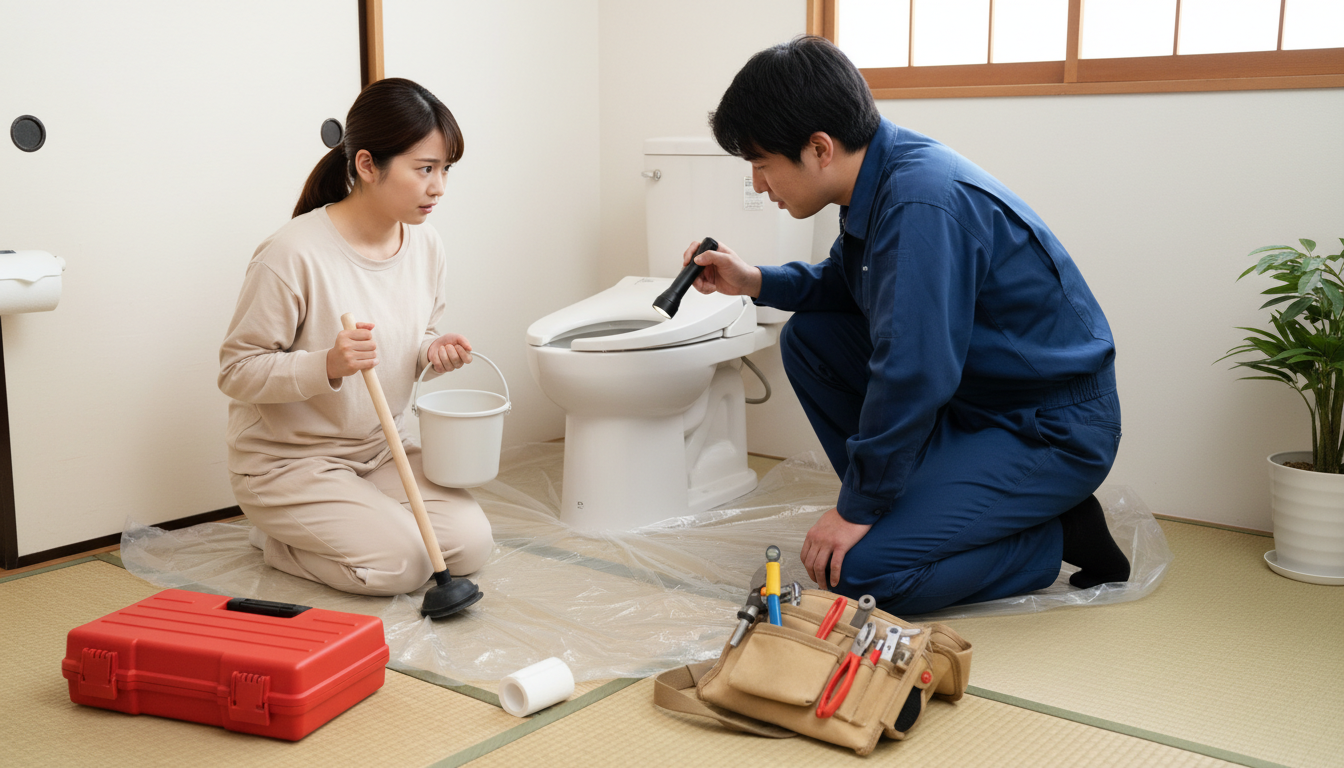 トイレつまりで水道修理業者を呼ぶ前の確認事項と応急処置に関する画像