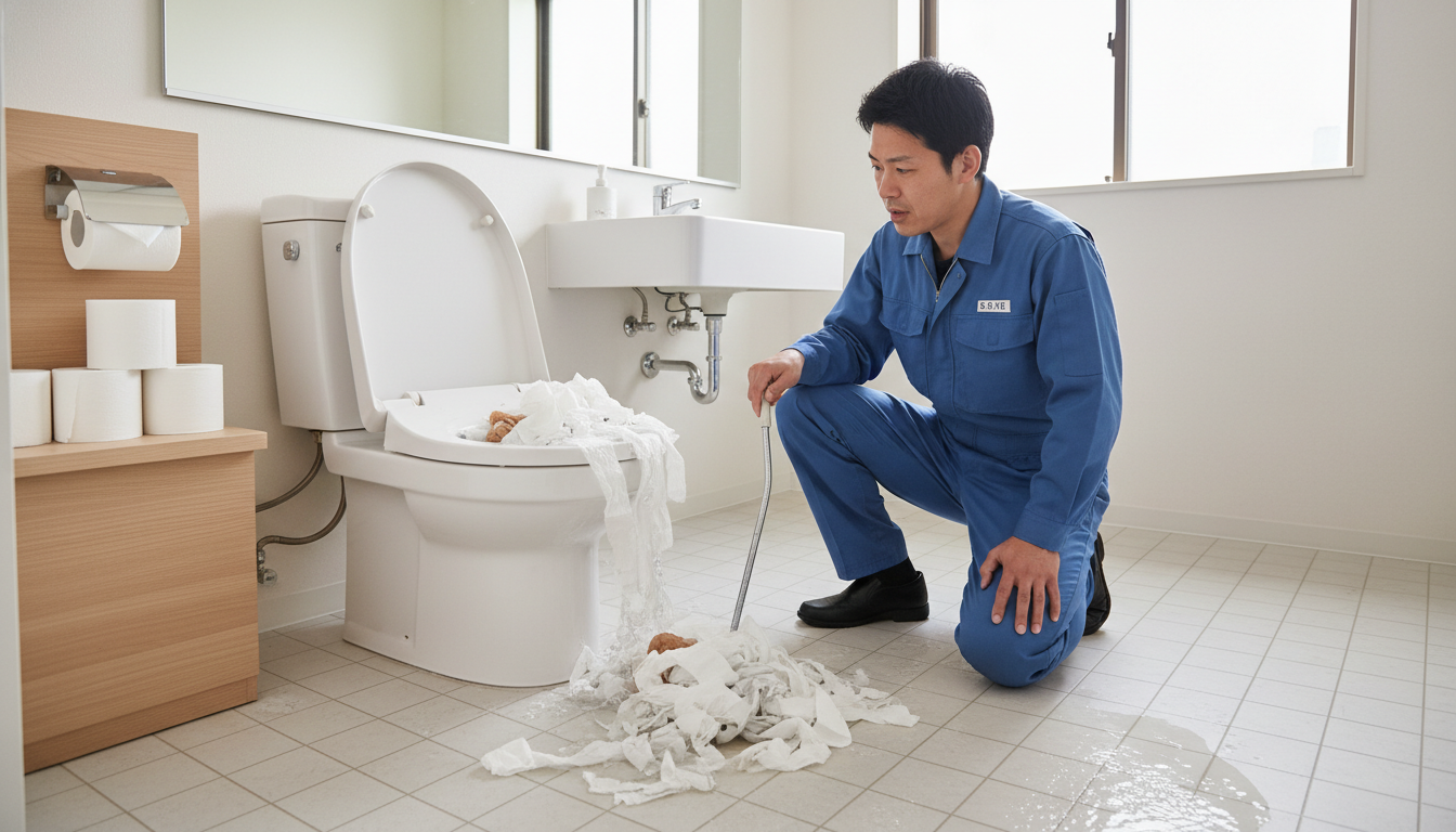 トイレットペーパーや排泄物の流しすぎに関する画像