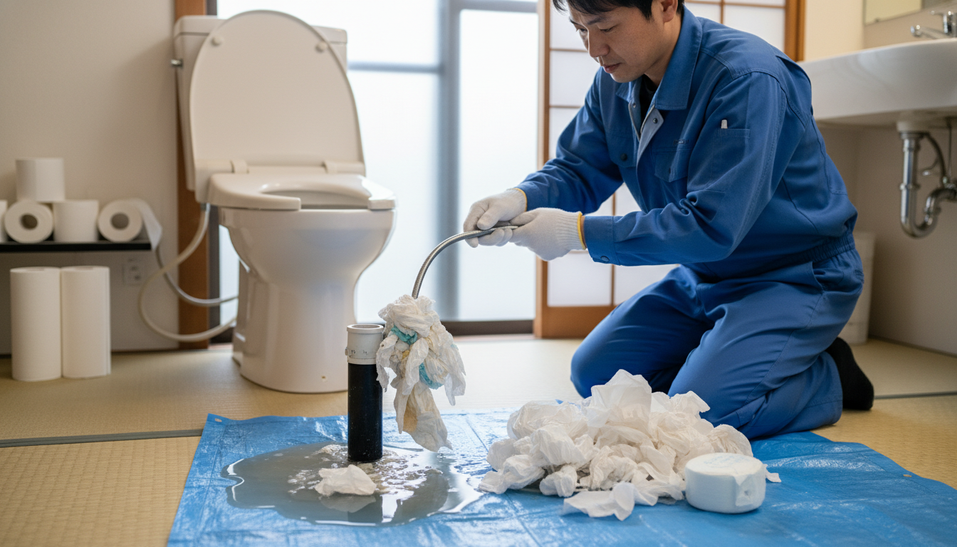 大量のティッシュペーパーや水に溶けないものを流した場合に関する画像