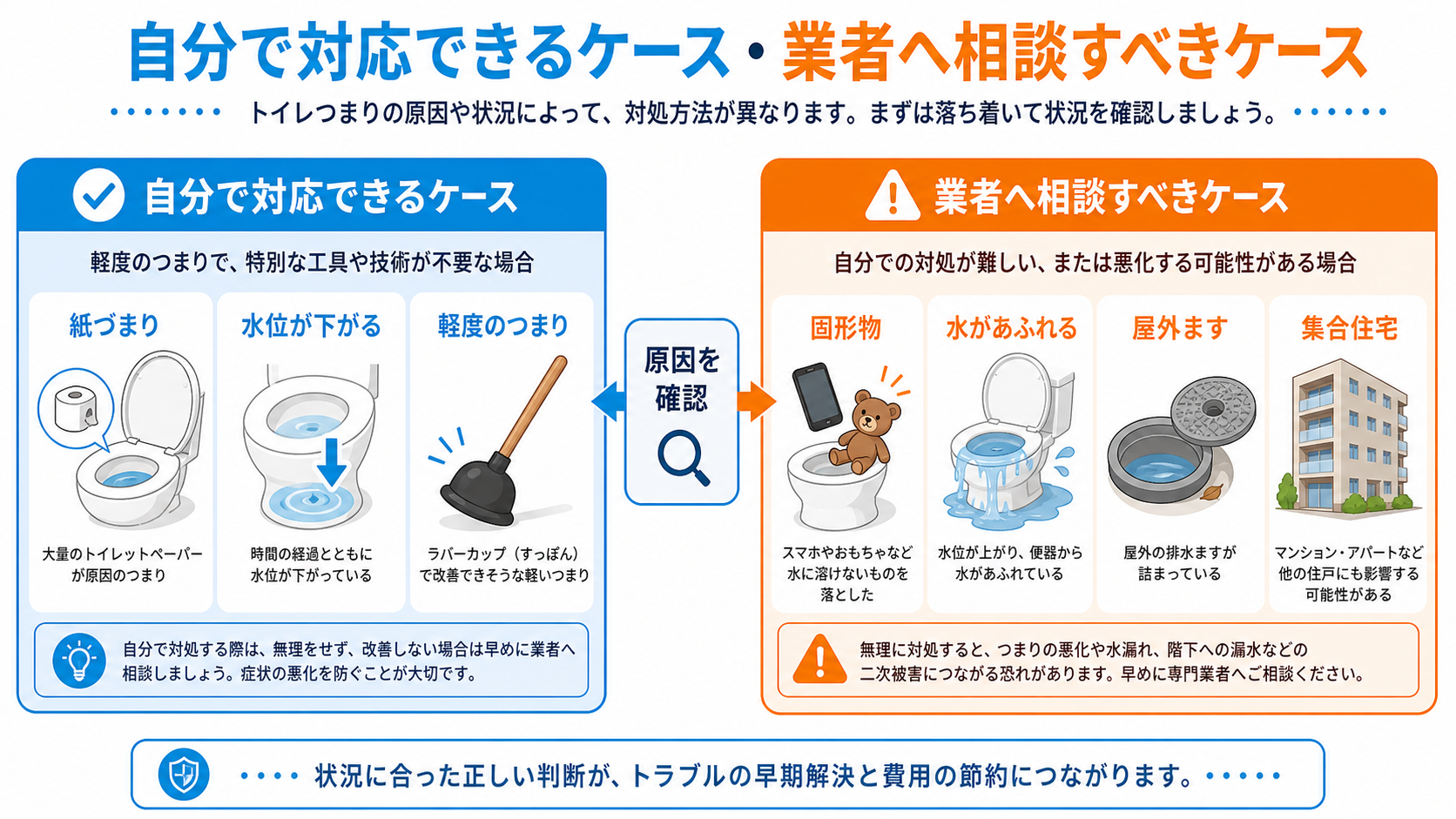 トイレつまりで自分で対応できるケースと業者へ相談すべきケースの図解